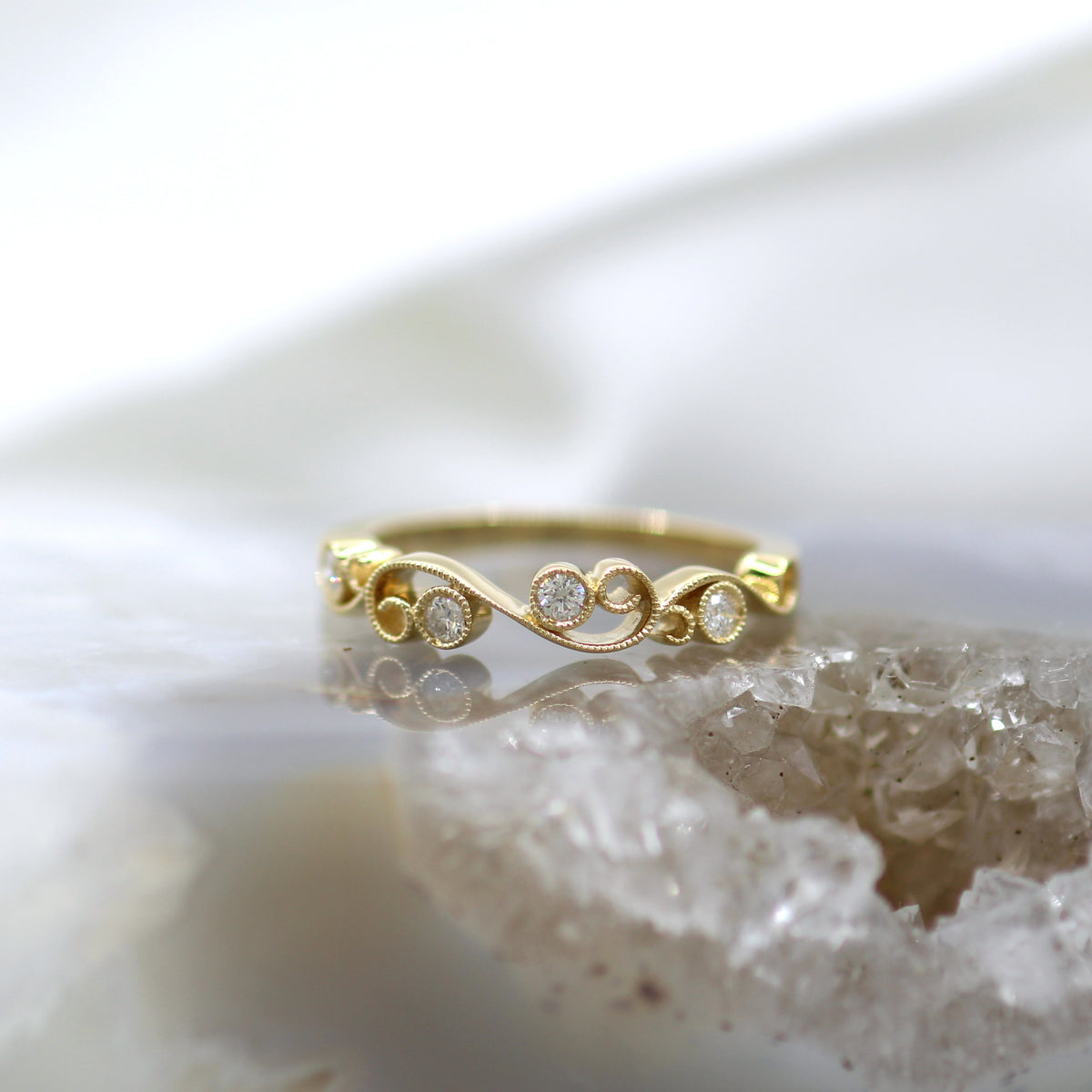 14K Yellow Gold Swirling Vine Diamond Band