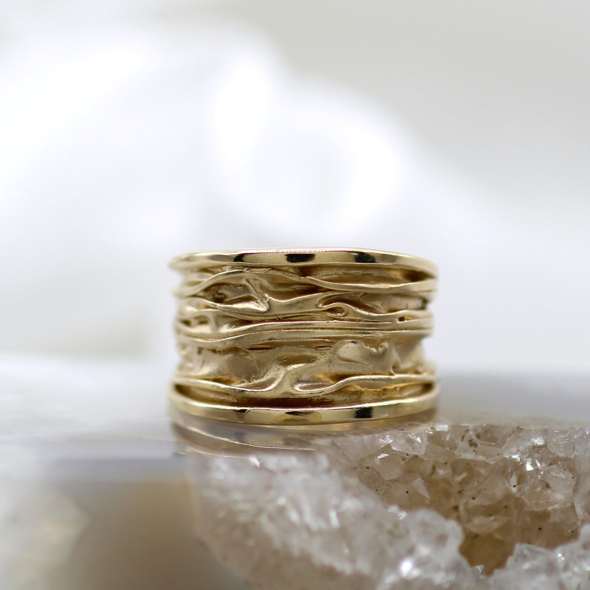 14K Yellow Gold Wrinkled Texture Wide Dual Finish Statement Ring
