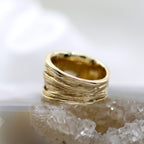 14K Yellow Gold Wrinkled Texture Wide Dual Finish Statement Ring