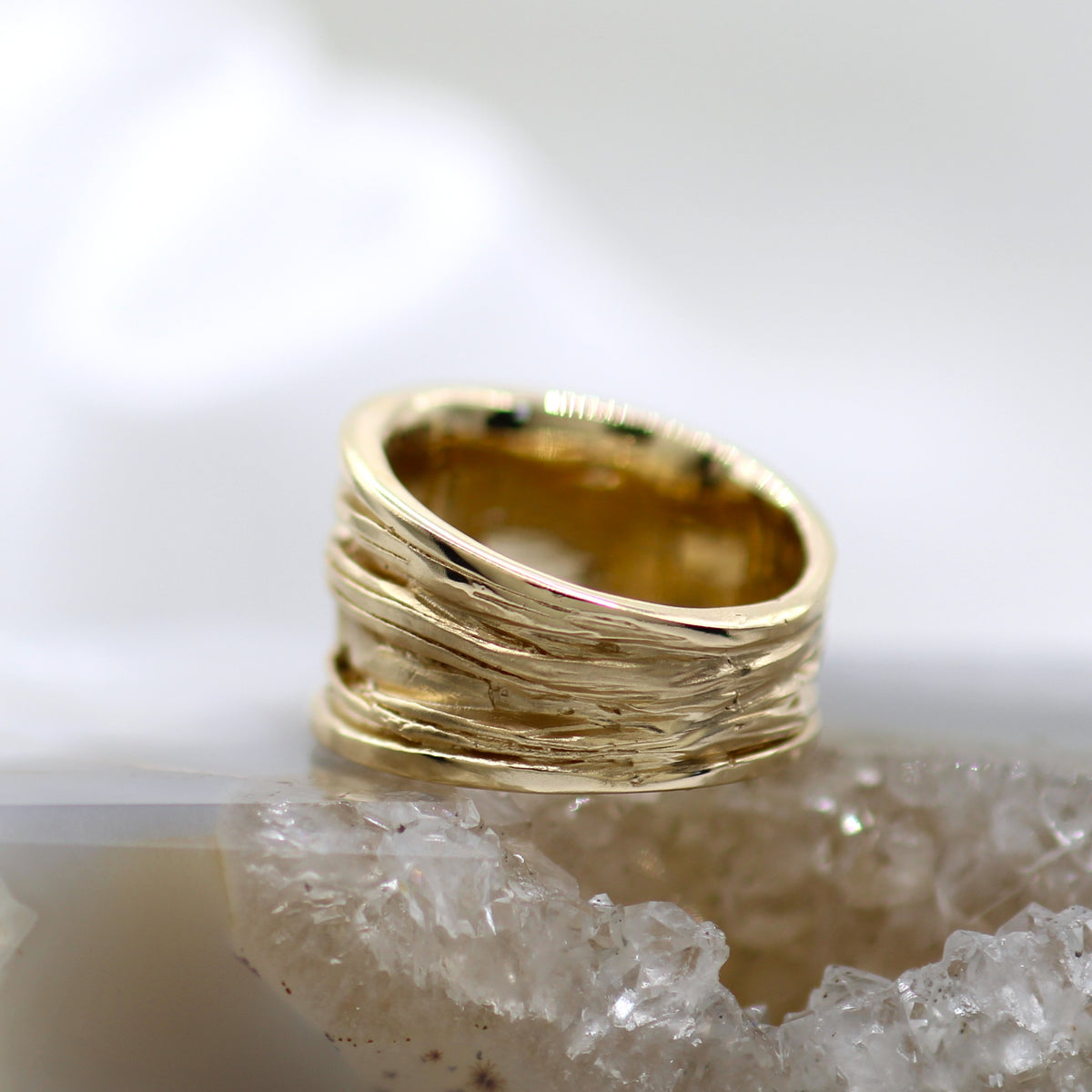 14K Yellow Gold Wrinkled Texture Wide Dual Finish Statement Ring