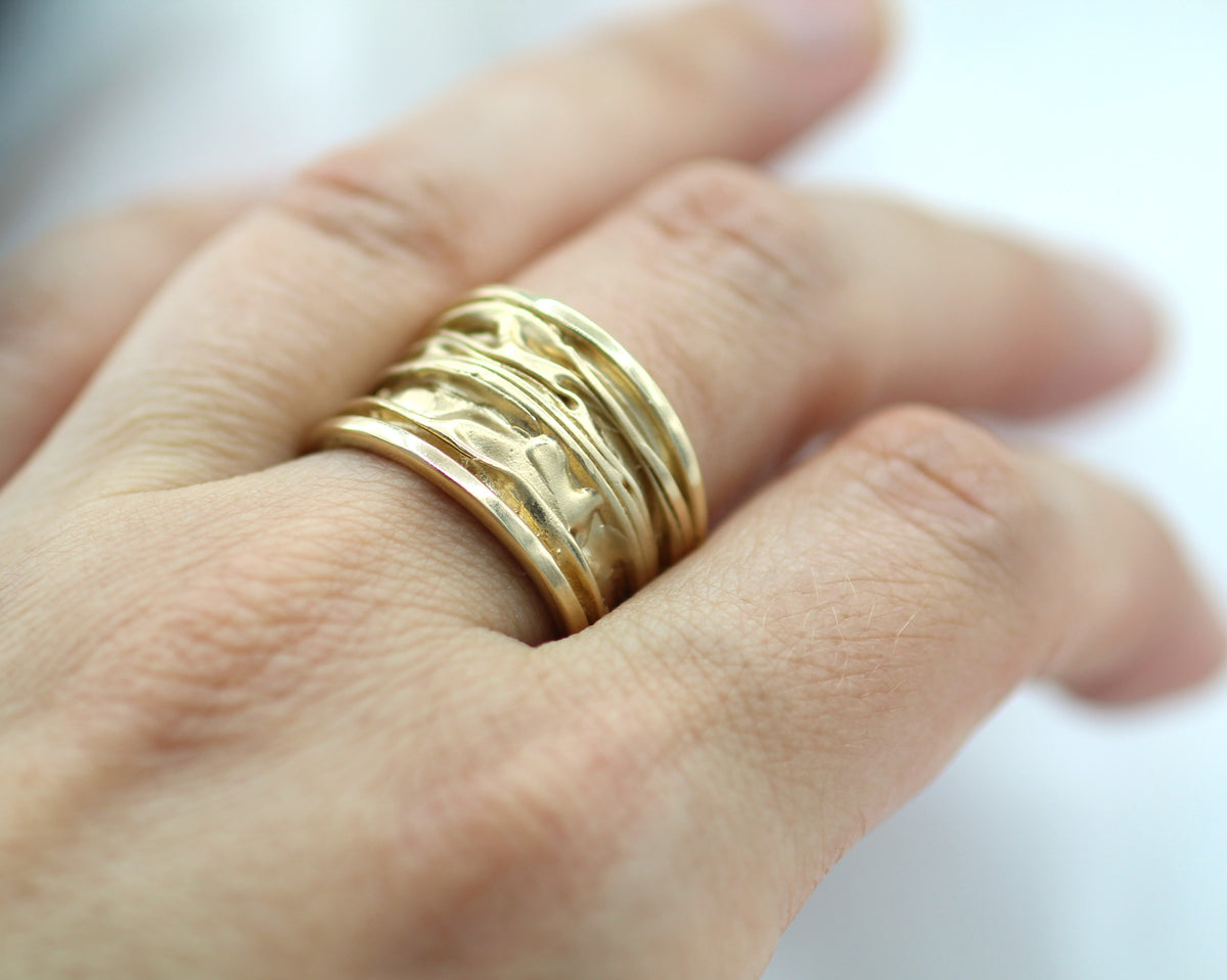 14K Yellow Gold Wrinkled Texture Wide Dual Finish Statement Ring
