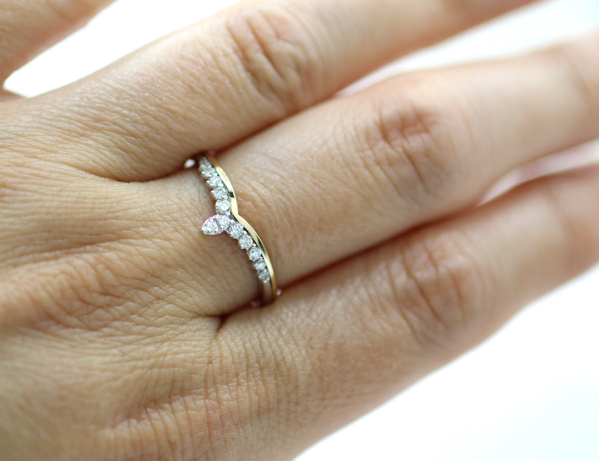 14K Two Tone White and Yellow Gold Diamond Chevron Tiara Crown Wedding Band