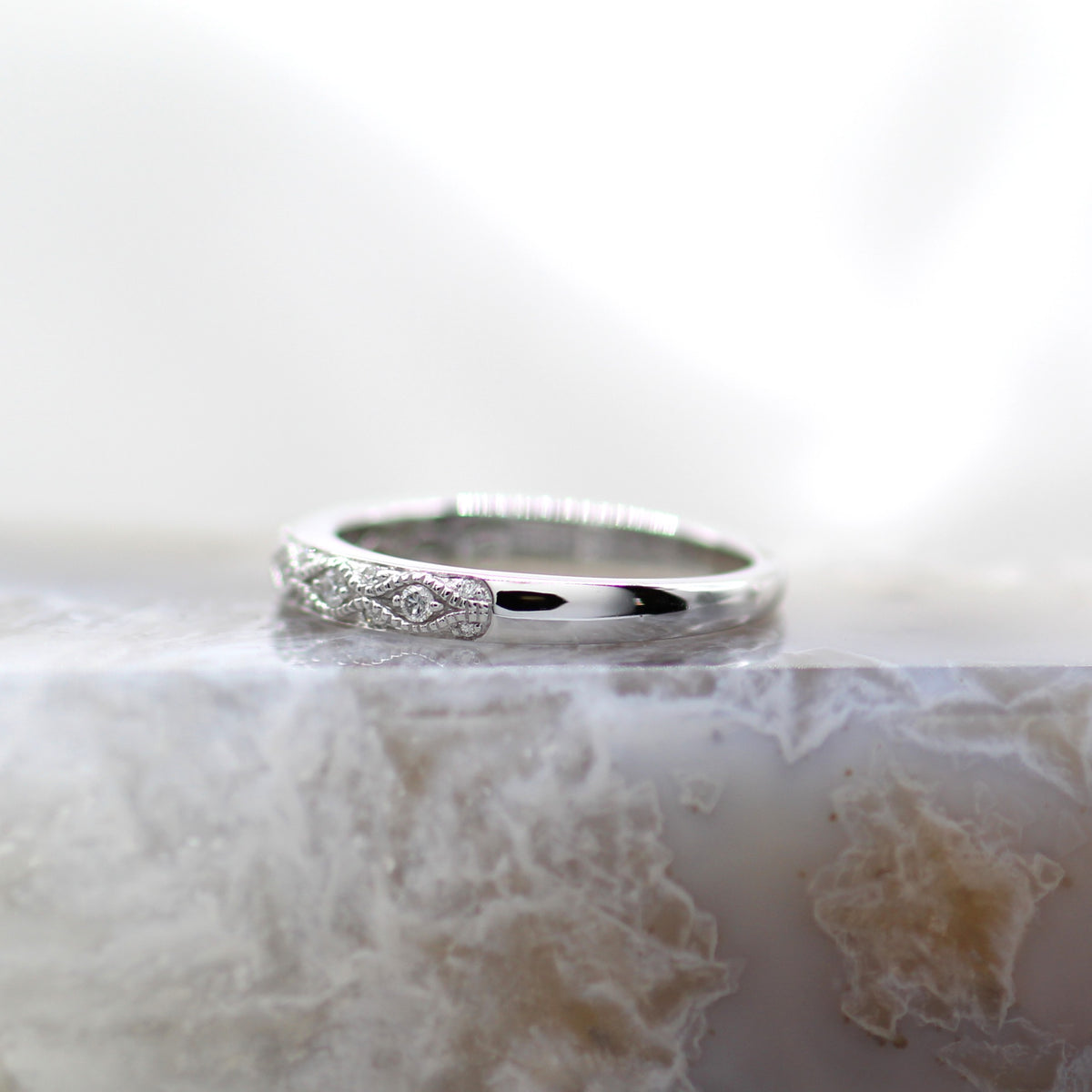 14K White Gold Antique Inspired Mil Grain Accented Beaded Diamond Band