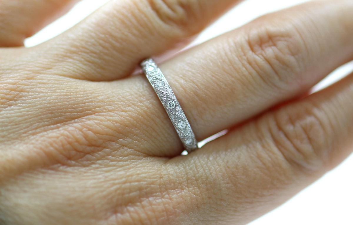 14K White Gold Vintage Inspired Mil Grain Accented Diamond Wedding Band