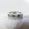 14K White Gold Tsavorite Garnet and Diamond Mil Grain Accented Band