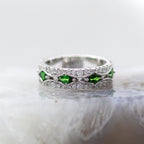 14K White Gold Tsavorite Garnet and Diamond Mil Grain Accented Band