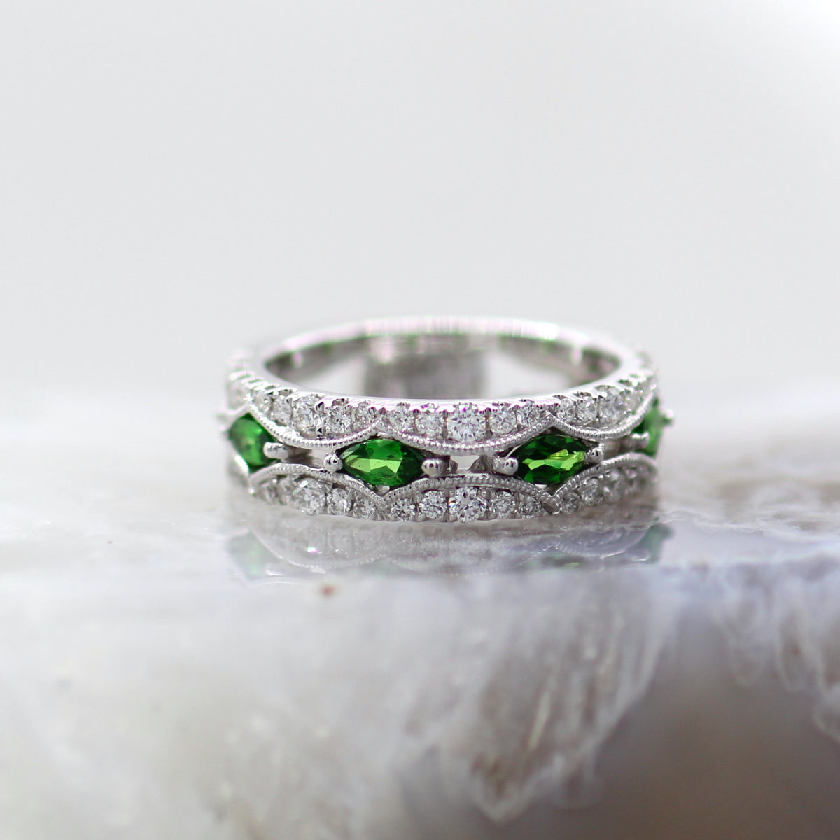 14K White Gold Tsavorite Garnet and Diamond Mil Grain Accented Band