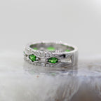 14K White Gold Tsavorite Garnet and Diamond Mil Grain Accented Band