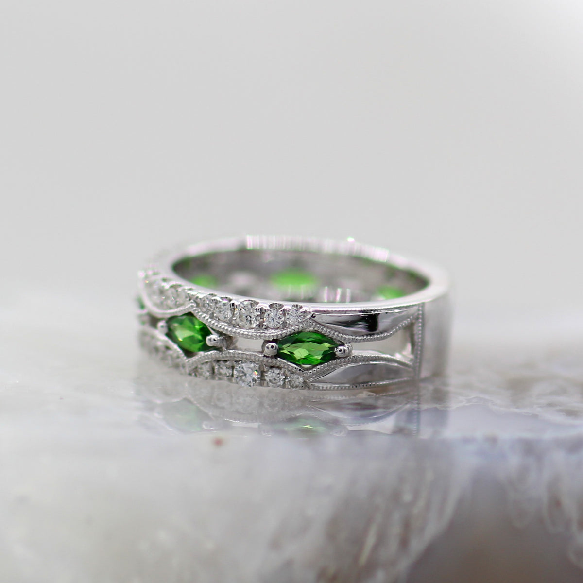 14K White Gold Tsavorite Garnet and Diamond Mil Grain Accented Band