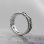 14K White Gold Tsavorite Garnet and Diamond Mil Grain Accented Band