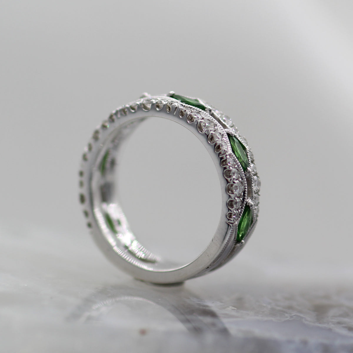 14K White Gold Tsavorite Garnet and Diamond Mil Grain Accented Band