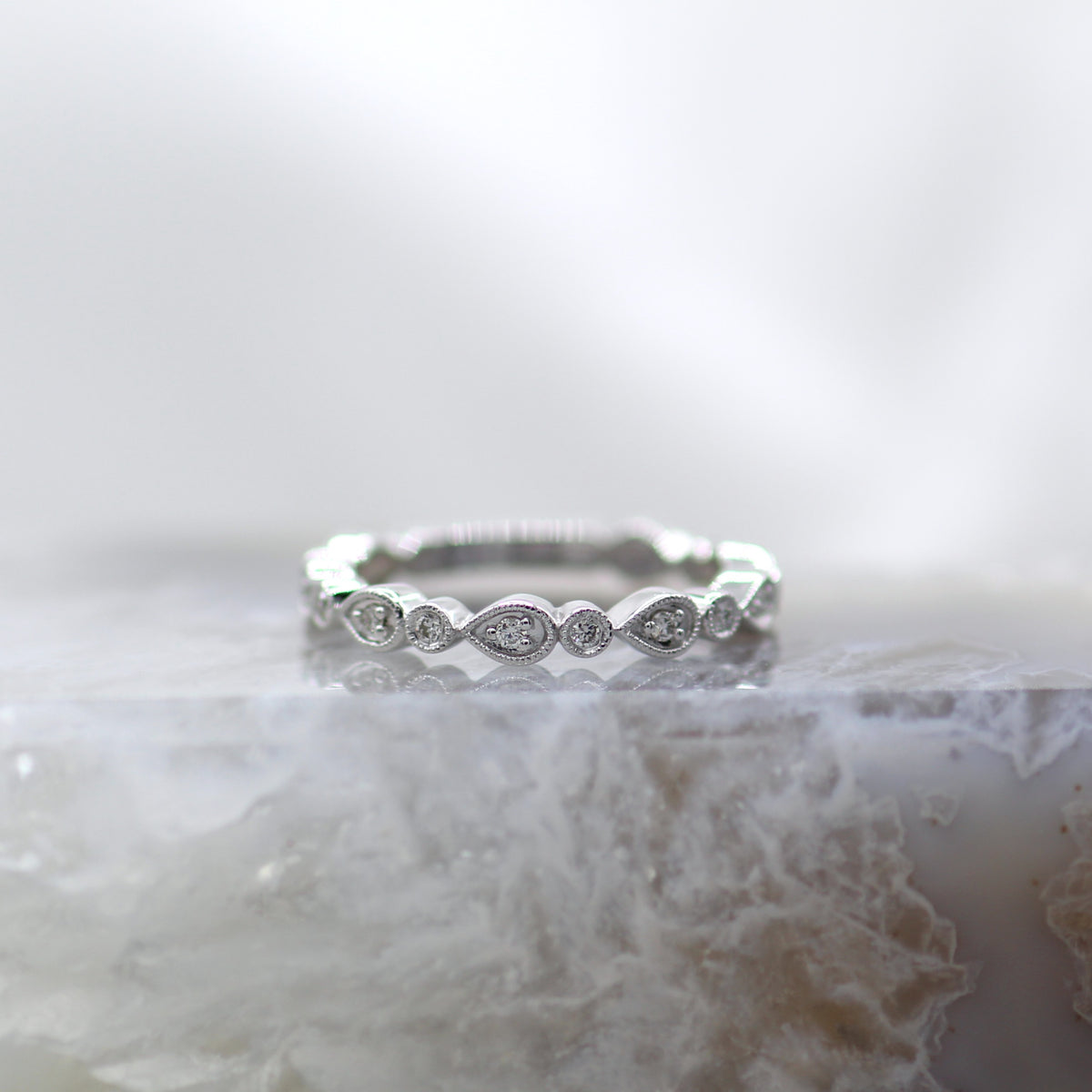 14K White Gold Antique Vintage Inspired Mil Grain Accented Pear Shape Wedding Band