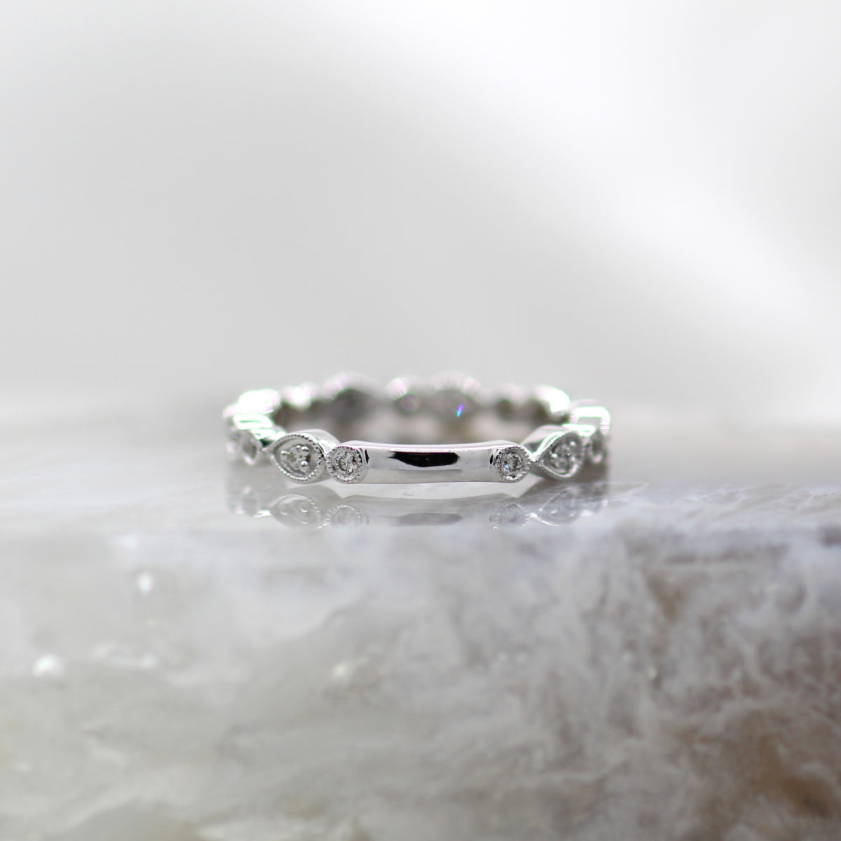 14K White Gold Antique Vintage Inspired Mil Grain Accented Pear Shape Wedding Band