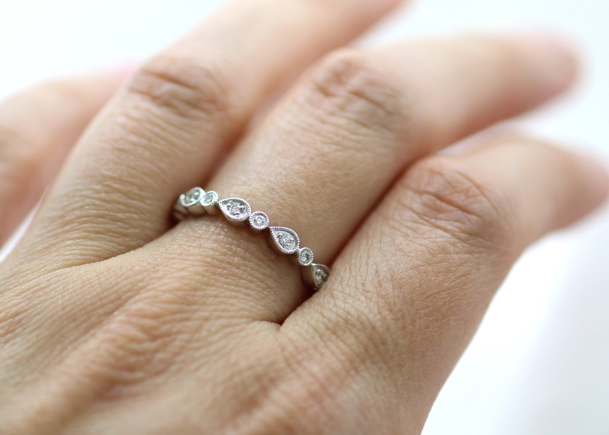 14K White Gold Antique Vintage Inspired Mil Grain Accented Pear Shape Wedding Band