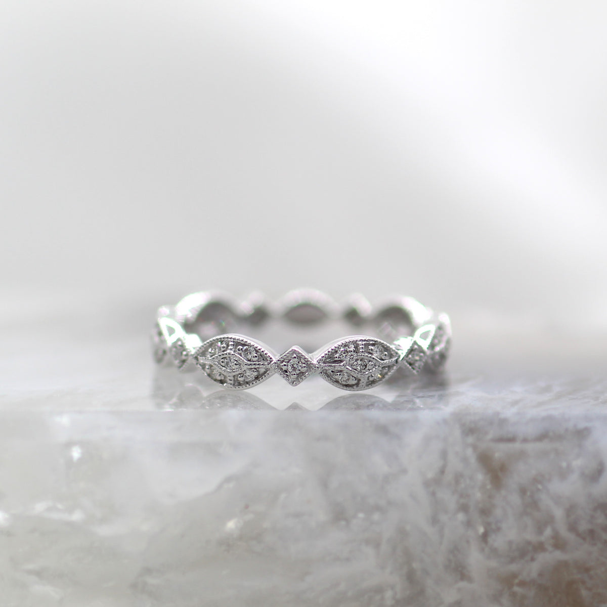 14K White Gold Antique Inspired Lacey Diamond Wedding Band