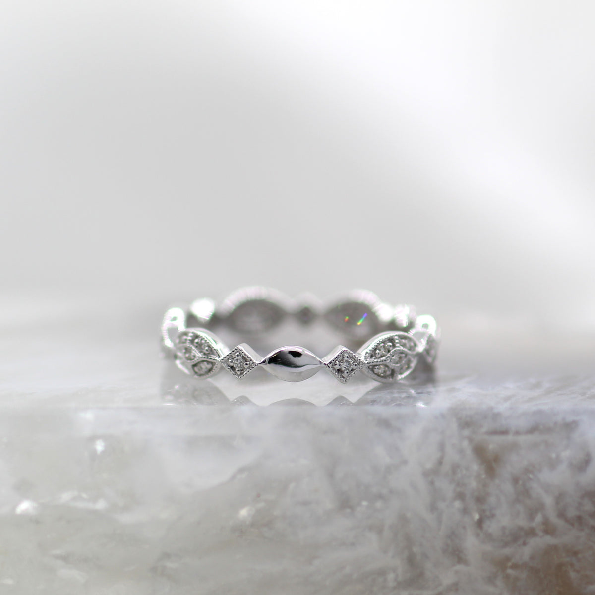 14K White Gold Antique Inspired Lacey Diamond Wedding Band