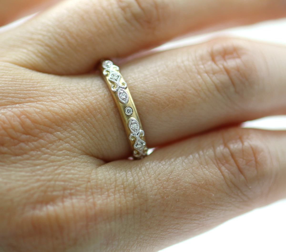 14k Two Tone Vintage Inspired Mil Grain Scroll Work Diamond Accented Band
