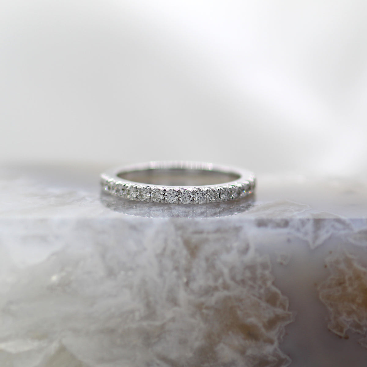 14K White Gold Diamond Pave Delicate Wedding Band