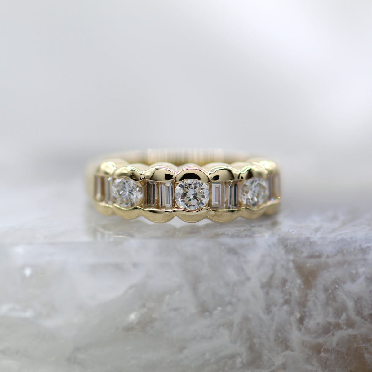 14K Yellow Gold Retro Diamond Fashion Ring with Scalloped Channel