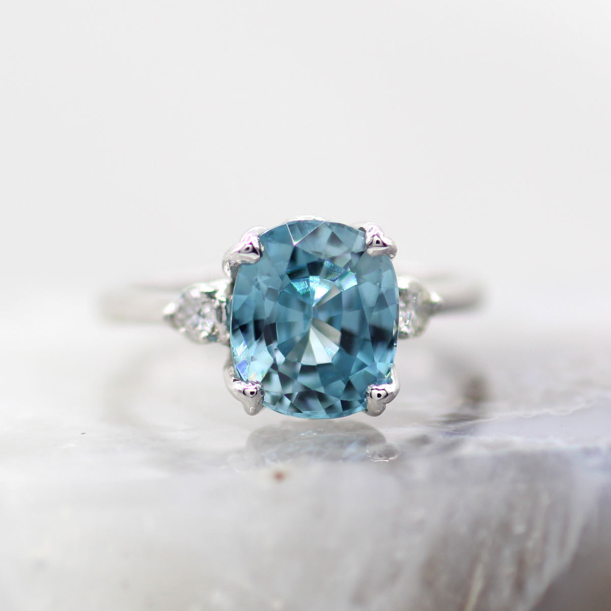 14K White Gold Cushion Brilliant and Diamond Ring with Floral Petal Crown