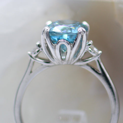 14K White Gold Cushion Brilliant and Diamond Ring with Floral Petal Crown