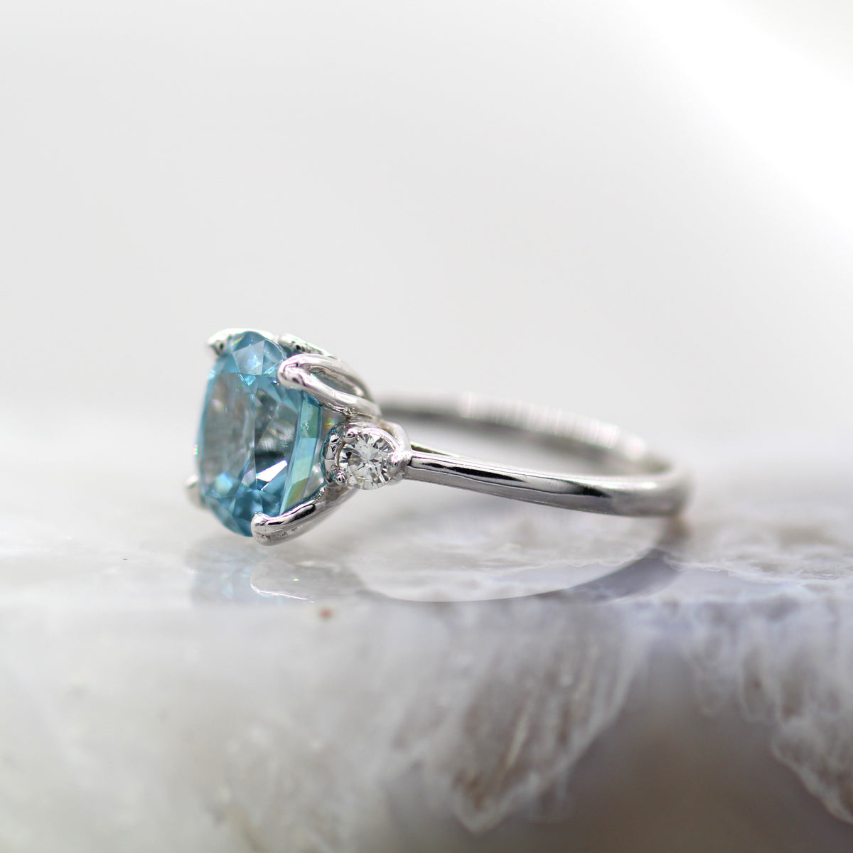 14K White Gold Cushion Brilliant and Diamond Ring with Floral Petal Crown