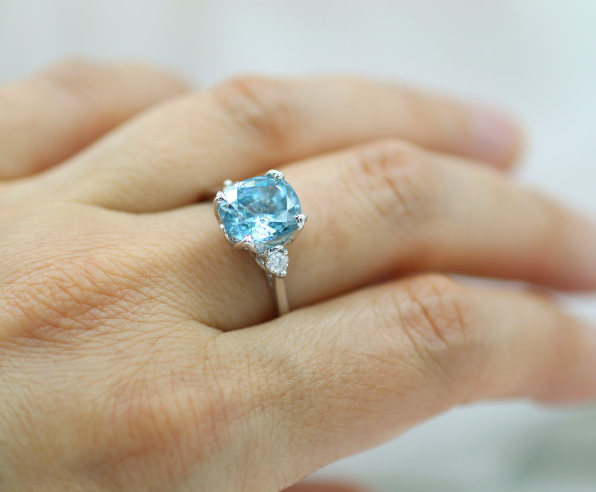 14K White Gold Cushion Brilliant and Diamond Ring with Floral Petal Crown