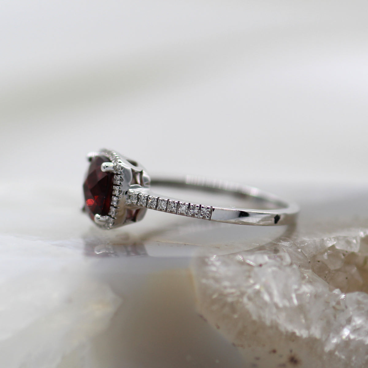 14K Whtie Gold Halo Style Garnet and Diamond Ring