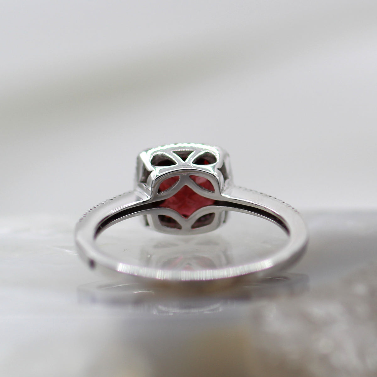 14K Whtie Gold Halo Style Garnet and Diamond Ring