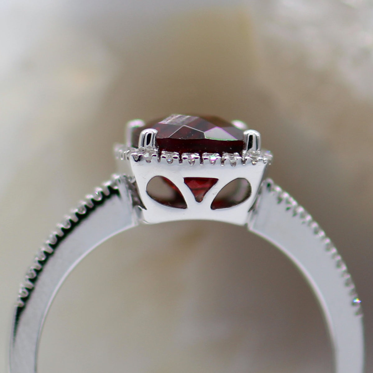 14K Whtie Gold Halo Style Garnet and Diamond Ring
