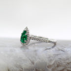 14K White Gold Pear Shape Halo Style Emerald and Diamond Ring