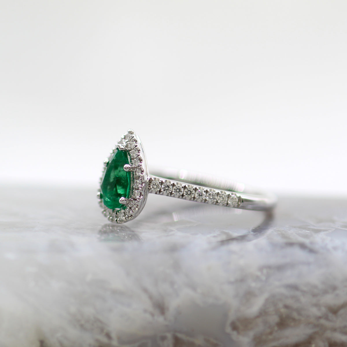 14K White Gold Pear Shape Halo Style Emerald and Diamond Ring