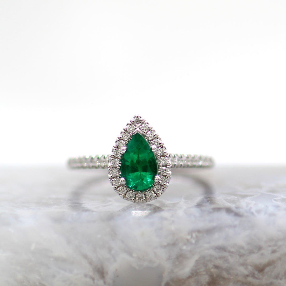 14K White Gold Pear Shape Halo Style Emerald and Diamond Ring