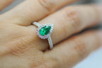 14K White Gold Pear Shape Halo Style Emerald and Diamond Ring