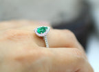 14K White Gold Pear Shape Halo Style Emerald and Diamond Ring