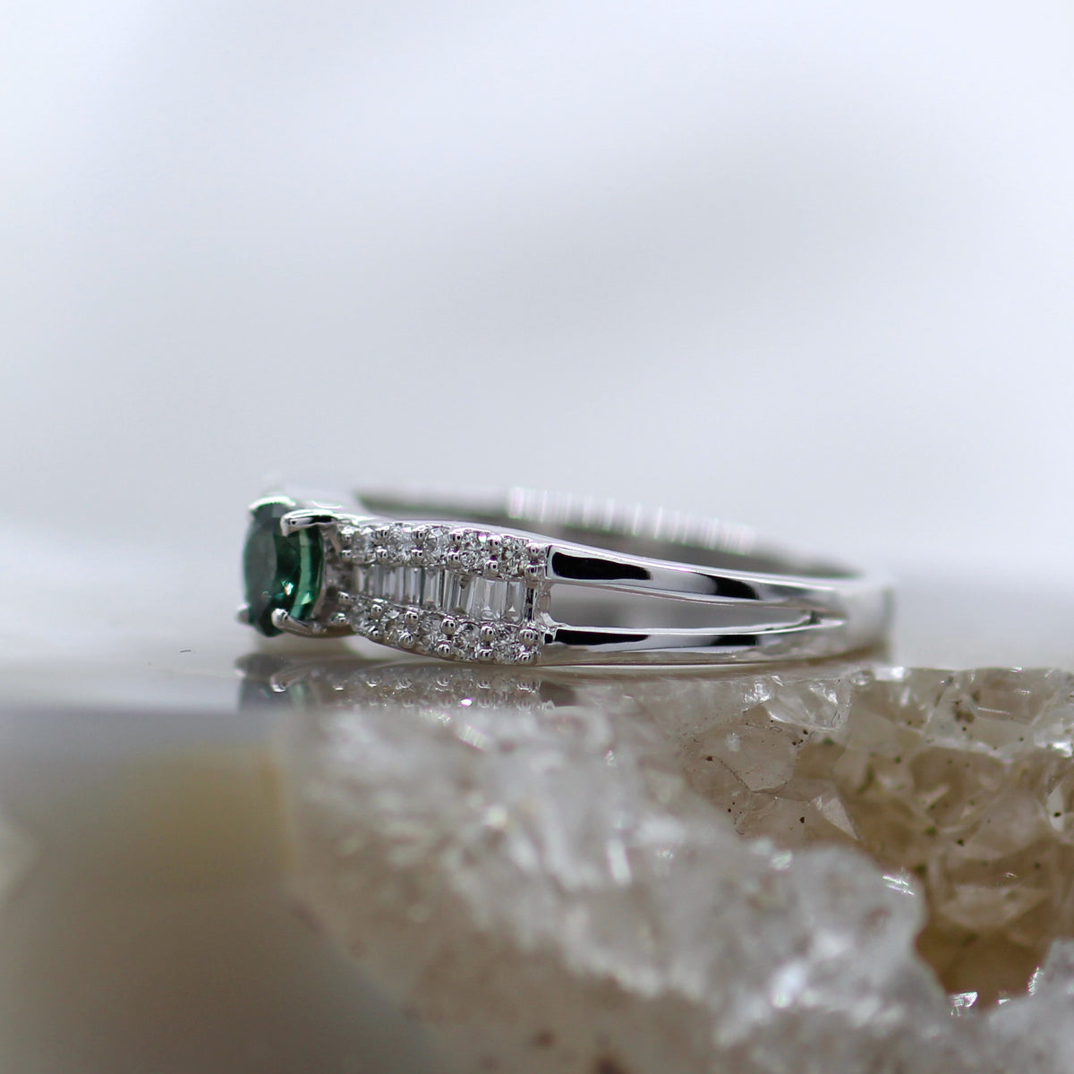 14K White Gold Split Shank Alexandrite and Baguette Diamond Ring