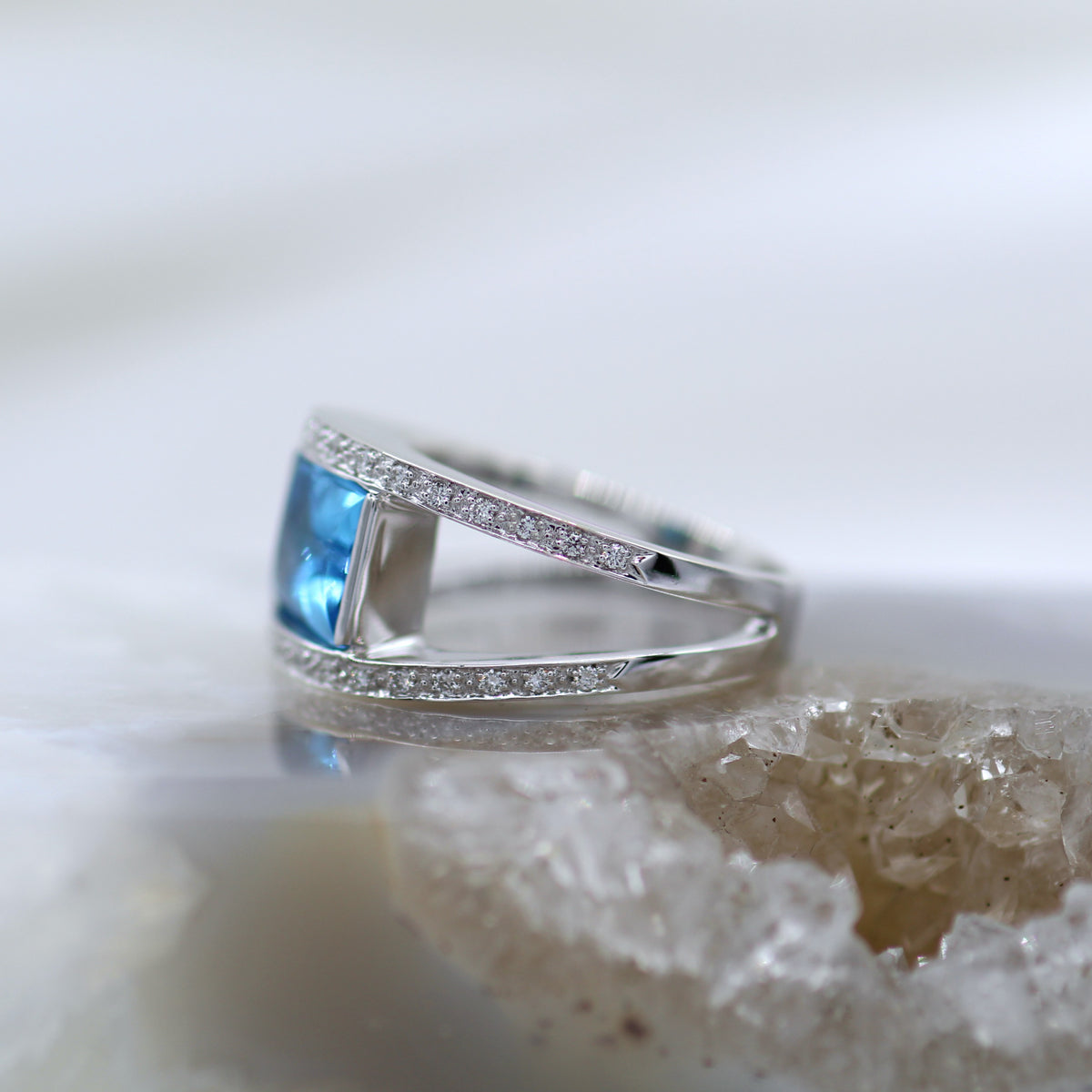 14K White Gold Blue Topaz and Diamond Modern Split Shank Statement Ring
