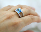 14K White Gold Blue Topaz and Diamond Modern Split Shank Statement Ring