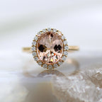 14K Rose Gold Halo Style Oval Dusty Rose Morganite and Diamond Ring