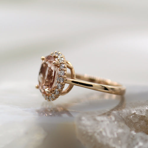 14K Rose Gold Halo Style Oval Dusty Rose Morganite and Diamond Ring