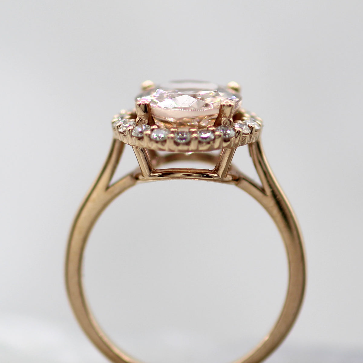 14K Rose Gold Halo Style Oval Dusty Rose Morganite and Diamond Ring