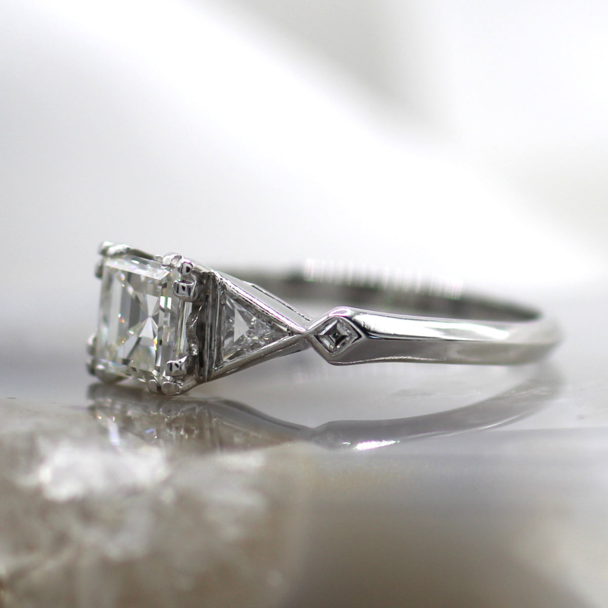 Platinum Vintage Asscher Cut Three Stone with Triangle Side Stones Engagement Ring