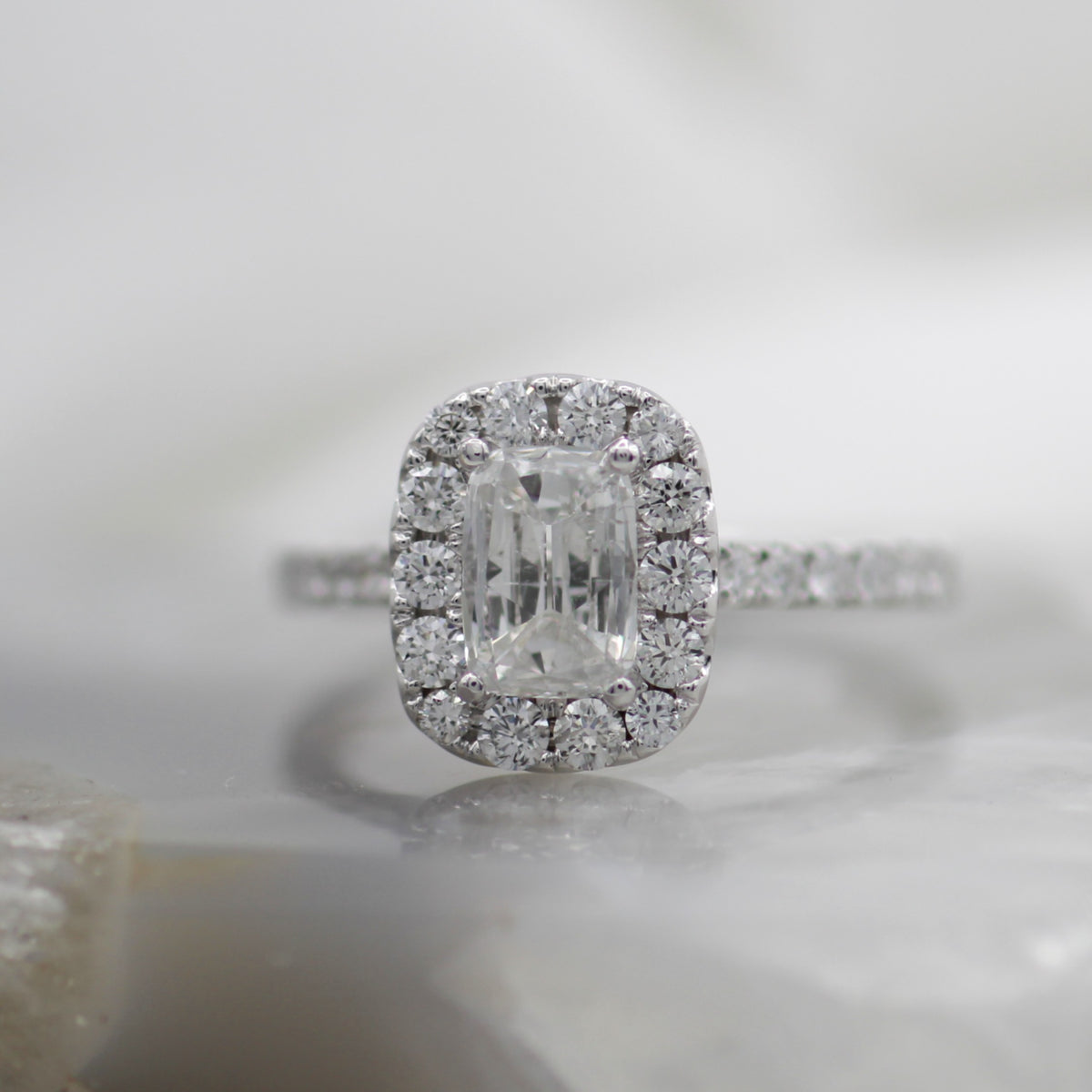 14K White Gold Elongated Cushion Diamond Halo Engagement Ring