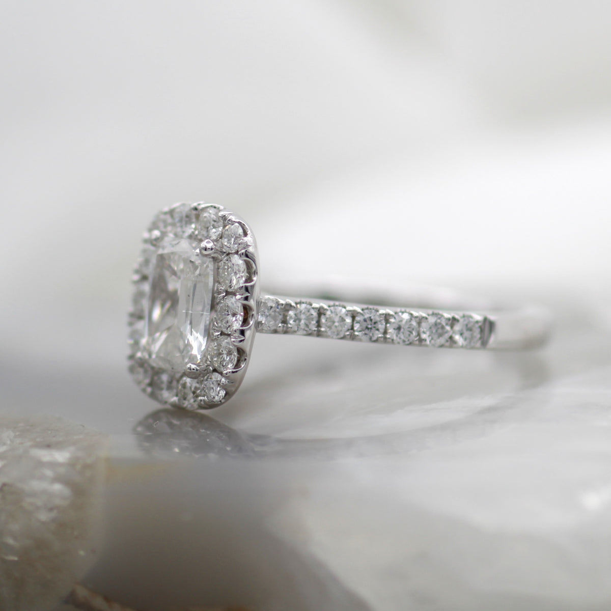 14K White Gold Elongated Cushion Diamond Halo Engagement Ring