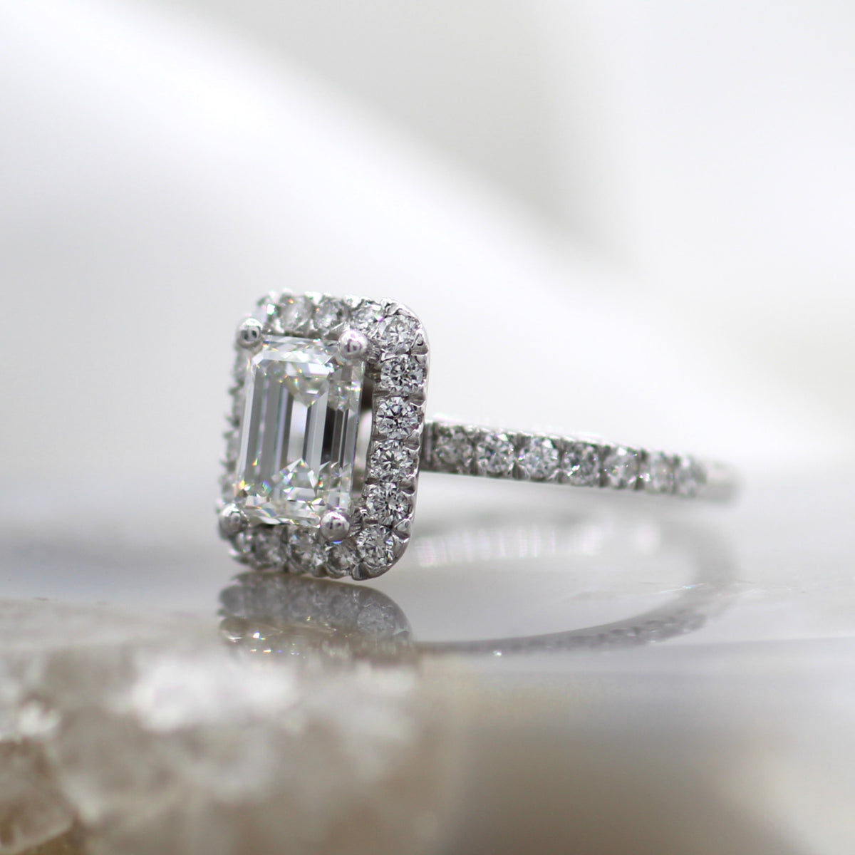 Platinum Emerald Cut Halo Pave Band Engagement Ring