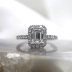 Platinum Emerald Cut Halo Pave Band Engagement Ring