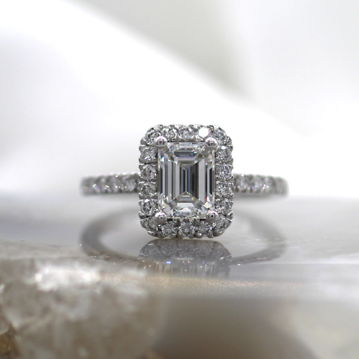 Platinum Emerald Cut Halo Pave Band Engagement Ring