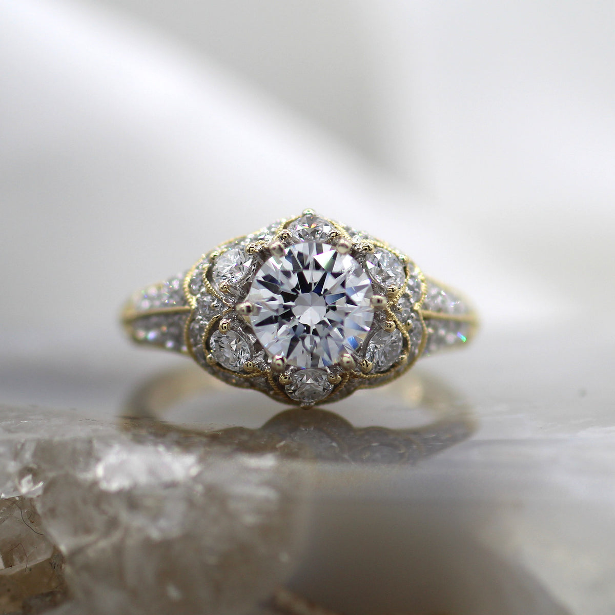 18K Yellow Gold Vintage Lace Inspired Mil Grain Accented Diamond Engagement Ring