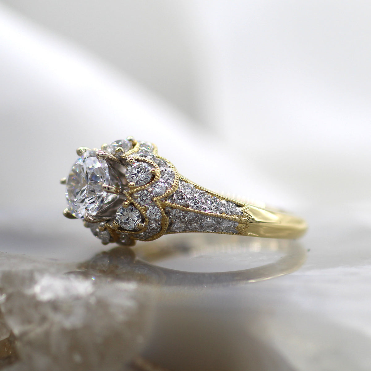 18K Yellow Gold Vintage Lace Inspired Mil Grain Accented Diamond Engagement Ring