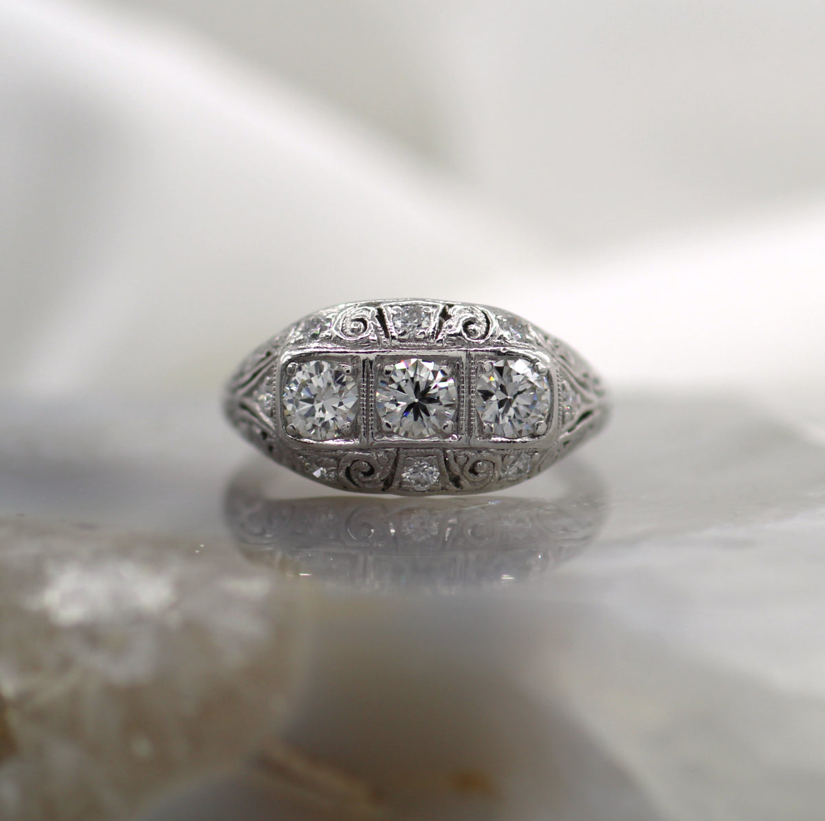 Platinum Vintage Style Three Stone Ring with Pierced Filigree